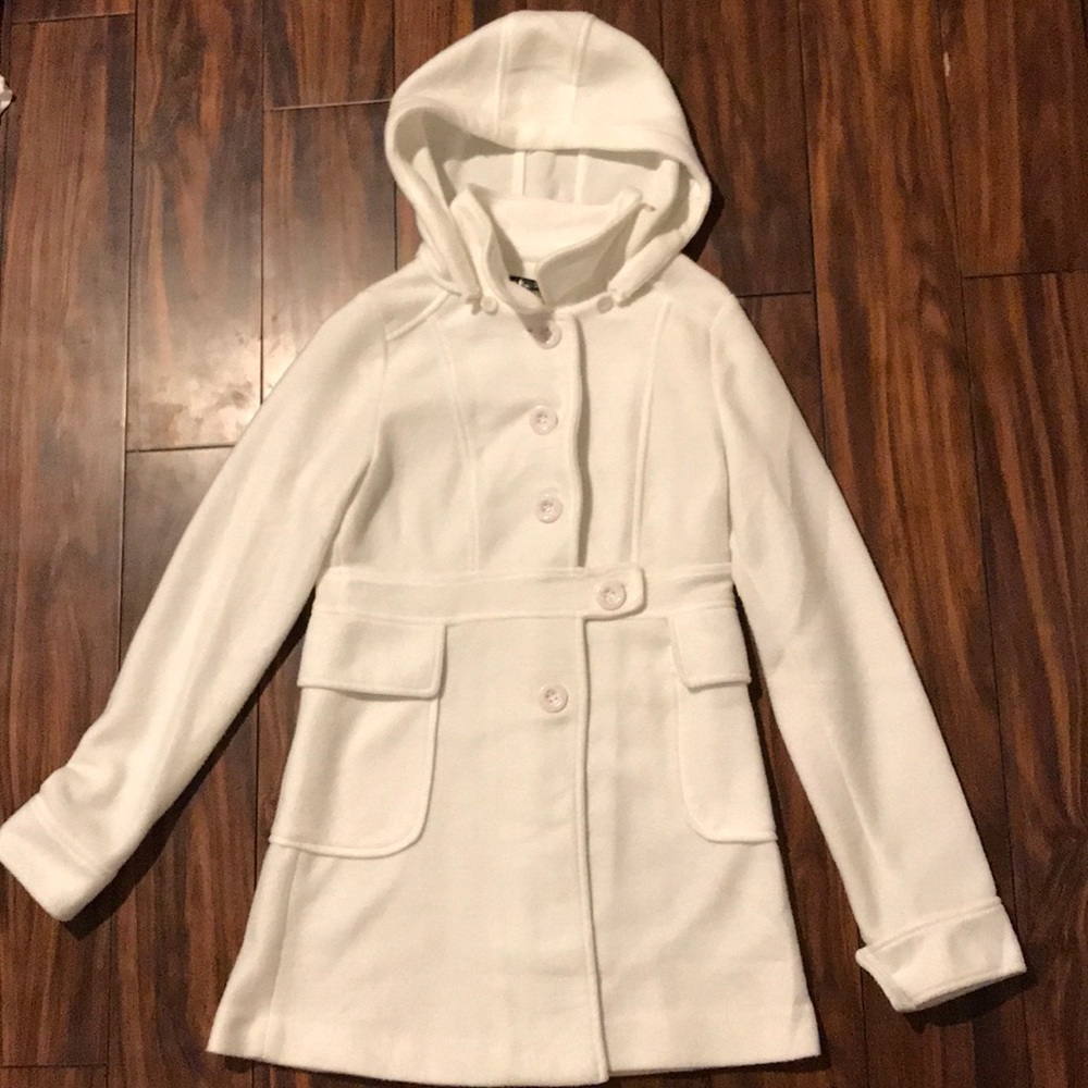 Off white thin polyester removable hooded jacket
